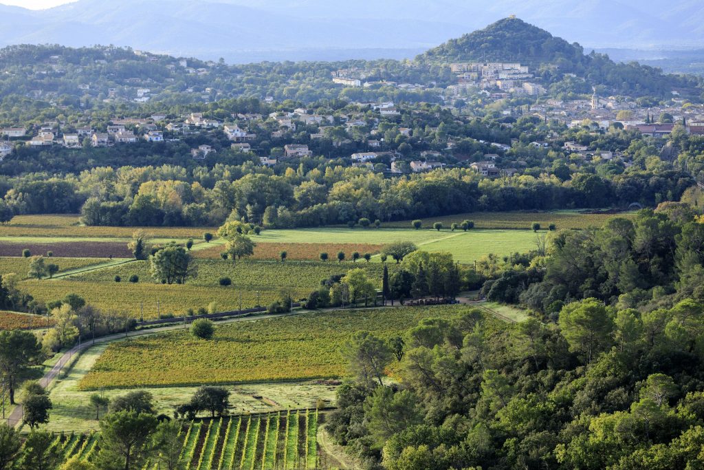 France, Var (83), Dracenie, Vidauban, vue sur le village et la colline de la chapelle Sainte Brigitte