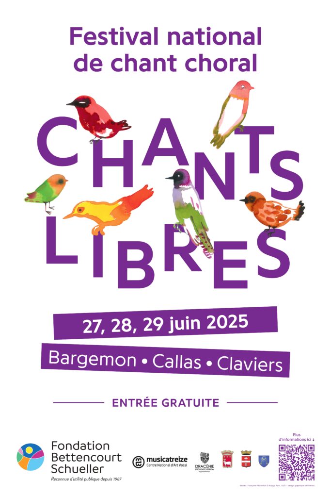 Affiche officielle du festival " Chants Libres" représentant des oiseaux perchés sur les lettres
