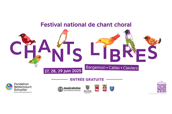 Affiche officielle du festival " Chants Libres" représentant des oiseaux perchés sur les lettres