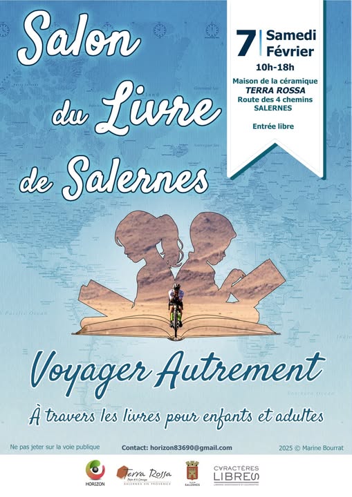Affiche générique du Salon du livre de Salernes Vendredi 6 février à 18h30, au musée Terra Rossa sur le thème "voyager autrement"
