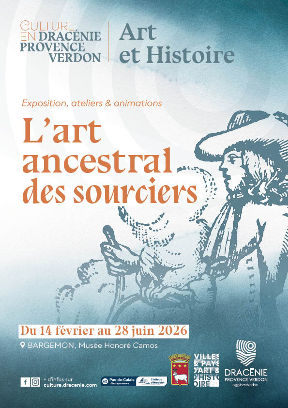affiche de l'art ancestral des sourciers - illustration type gravure sur fond clair