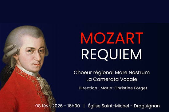 Affiche générique du concert Mozart Requiem par le choeur régionale Mare Nostrum de Draguignan. Fond bleu marine avec portrait du compositeur Mozart