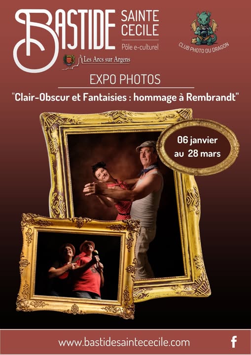 Affiche de l'exposition Clair Obscure, hommage a Rembrandt, cadres de peinture avec photos sur fond grenat - Bastide sainte cécile Les arcs