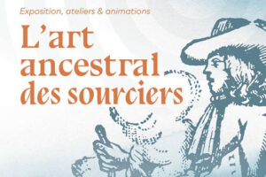 affiche de l'art ancestral des sourciers - illustration type gravure sur fond clair