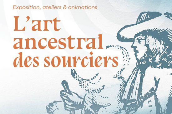 affiche de l'art ancestral des sourciers - illustration type gravure sur fond clair